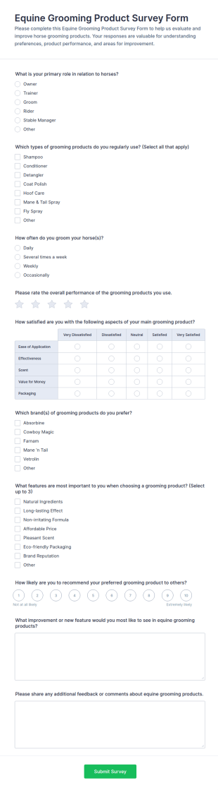 Equine Grooming Product Survey Form Template