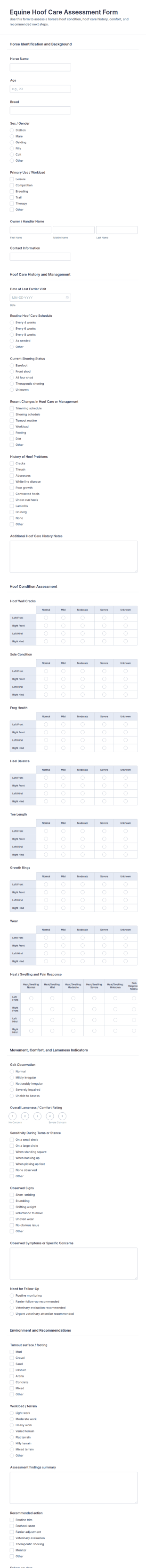 Equine Hoof Care Assessment Form Template