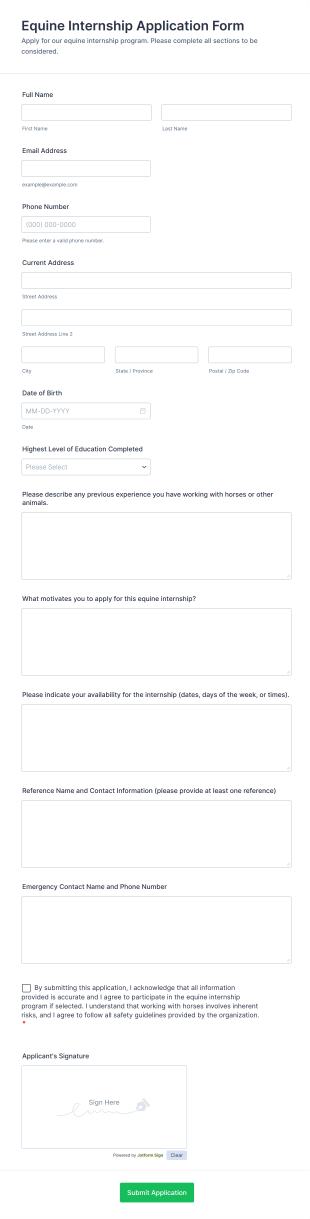 Equine Internship Application Form Template