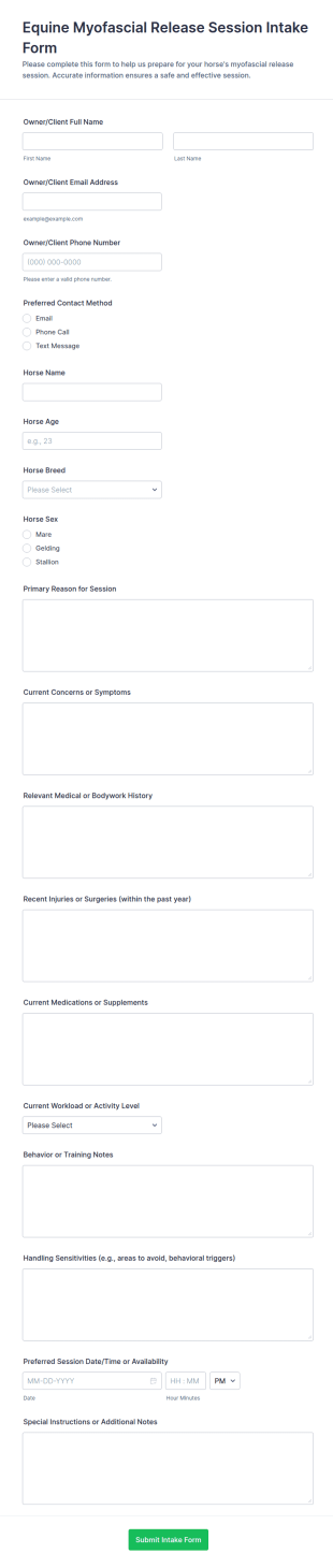 Equine Myofascial Release Session Intake Form Template