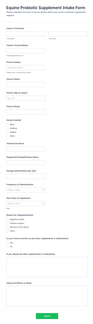 Equine Probiotic Supplement Intake Form Template