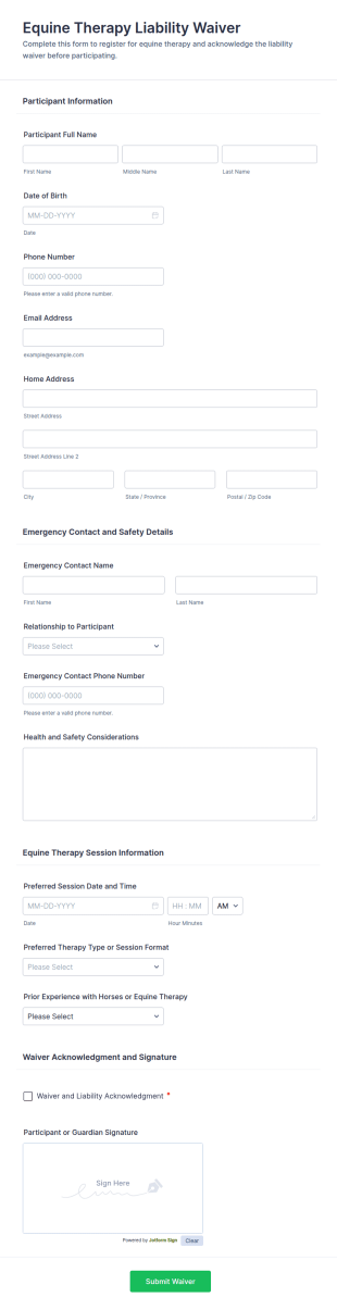 Equine Therapy Liability Waiver Form Template