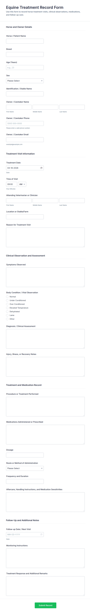Equine Treatment Record Form Template
