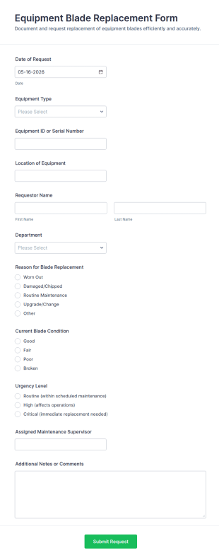 Equipment Blade Replacement Form Template