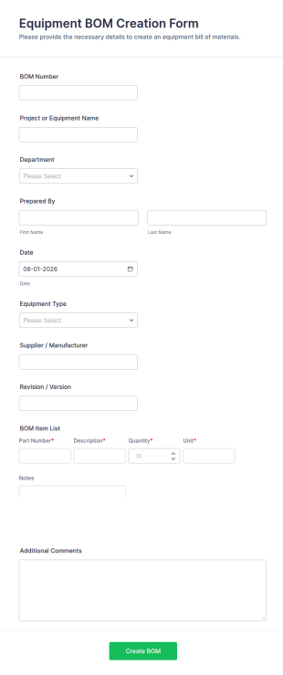 Equipment BOM Creation Form Template
