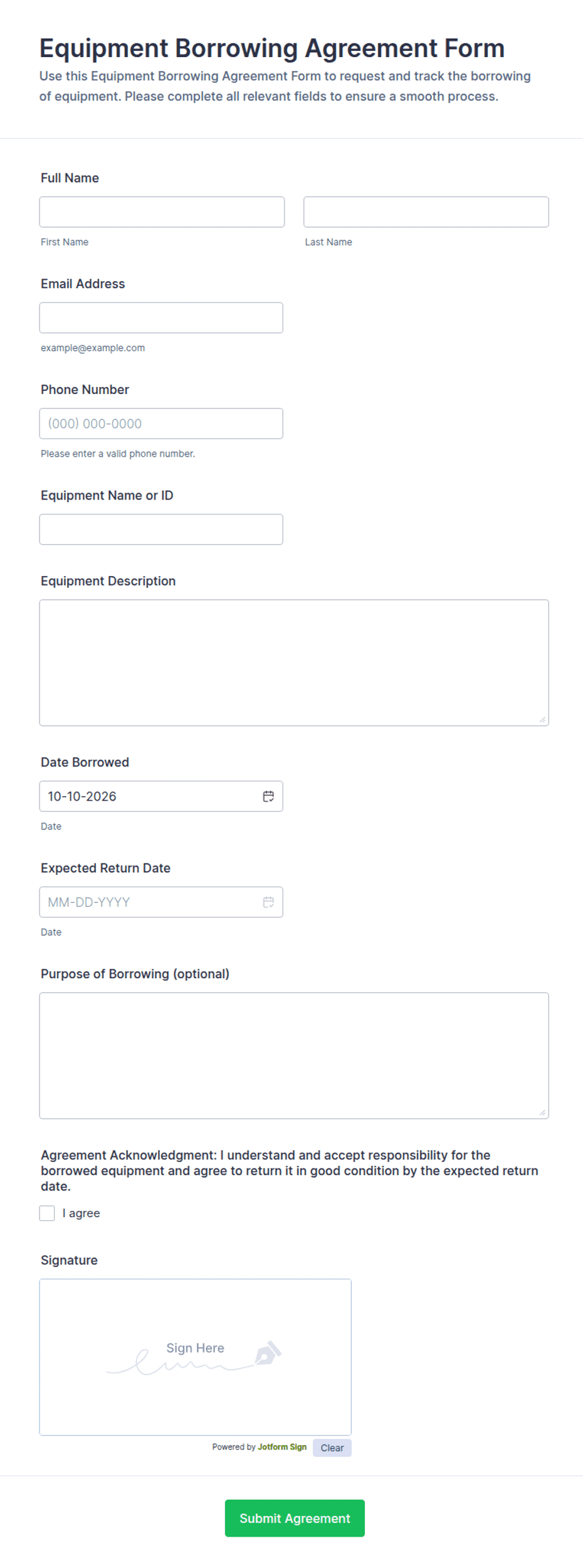 Contract Form Template.pdf Equipment Borrowing Agreement Form Template | Jotform