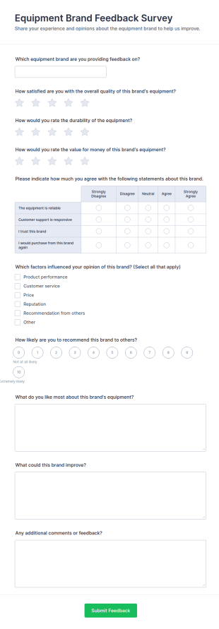 Equipment Brand Feedback Survey Form Template