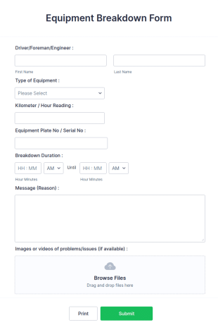 Equipment Breakdown Form Template