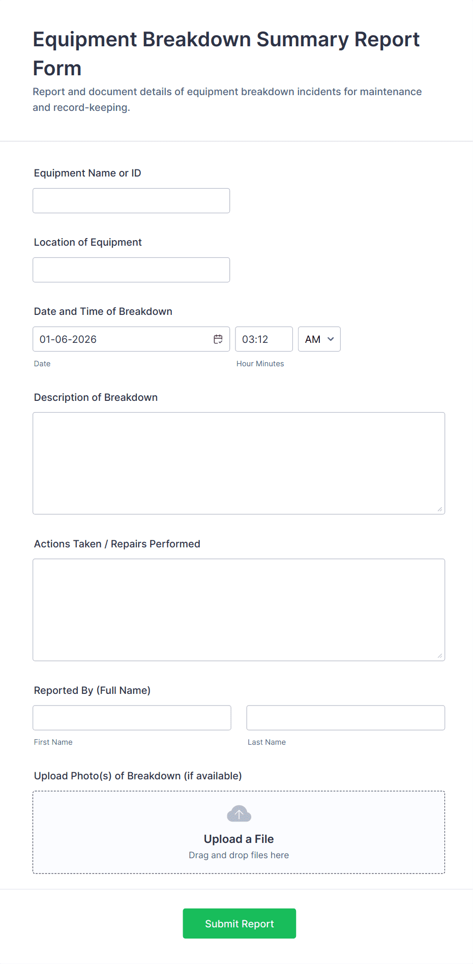 Equipment Breakdown Summary Report Form Template | Jotform