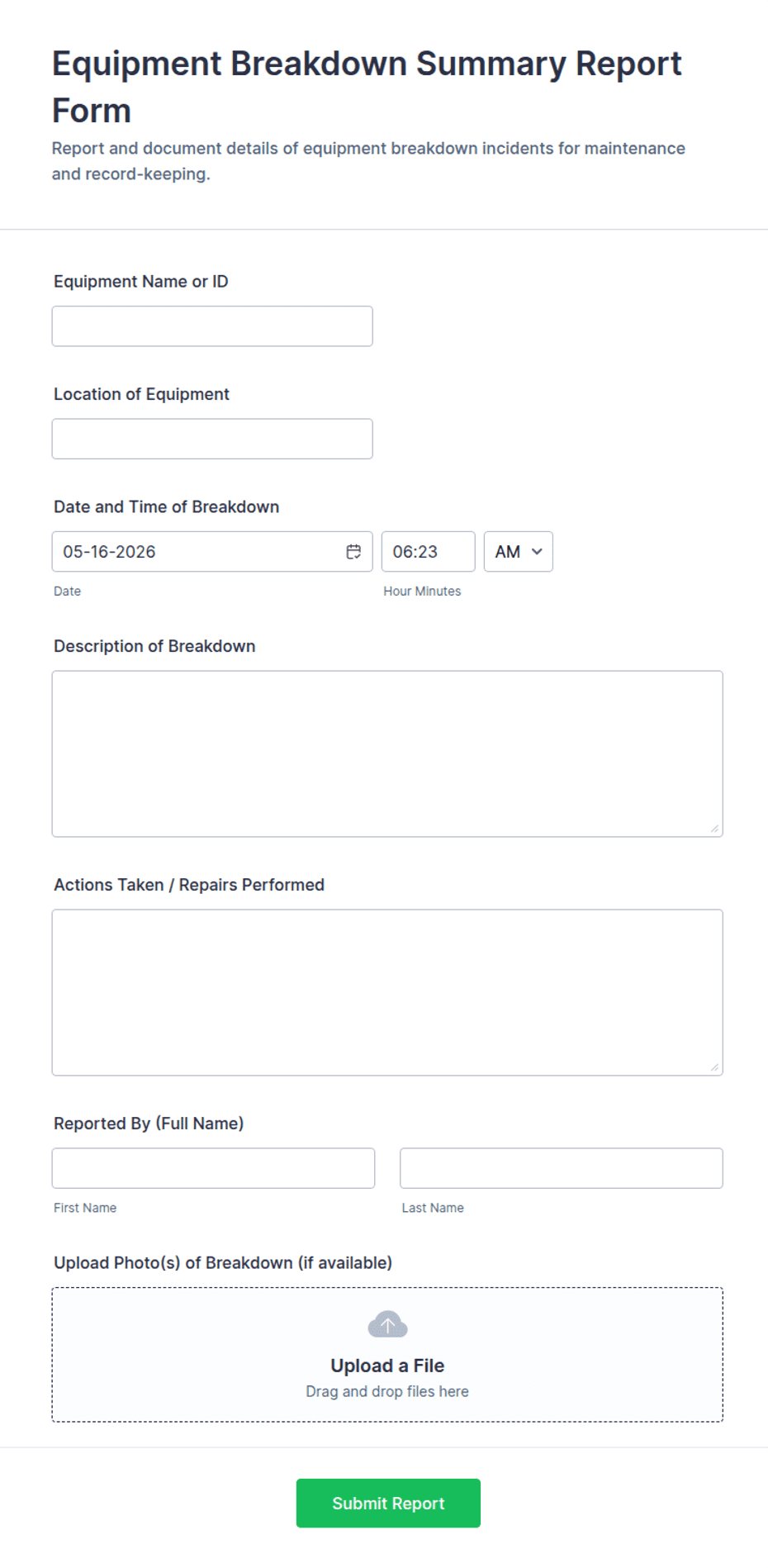 Machine Breakdown Notice Format Equipment Breakdown Summary Report Form Template | Jotform