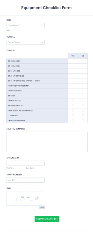 Equipment Checklist Form Template