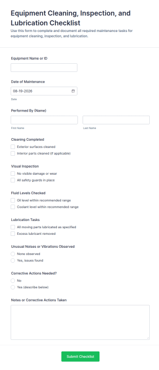 Equipment Cleaning, Inspection, And Lubrication Checklist Form Template