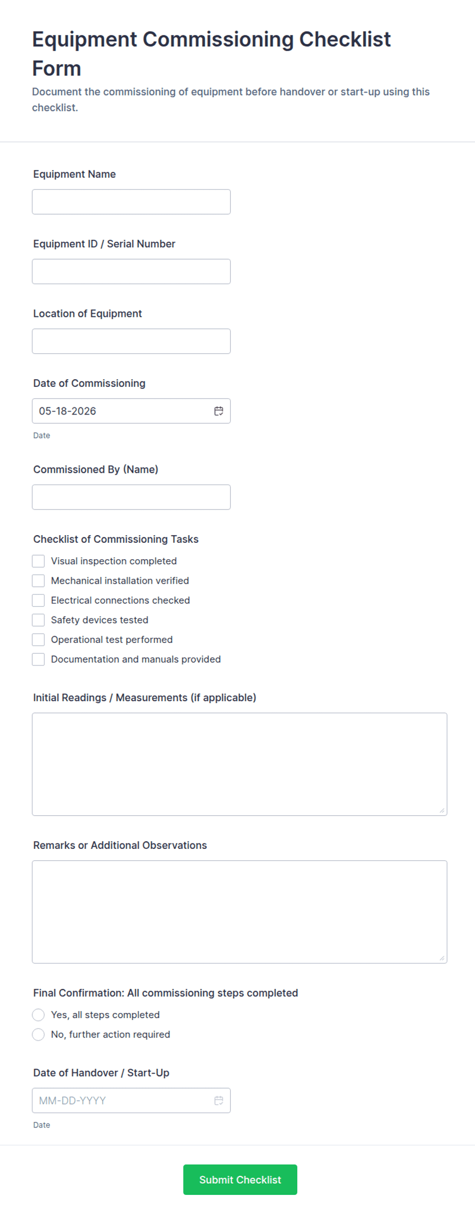 Equipment Commissioning Checklist Form Template | Jotform