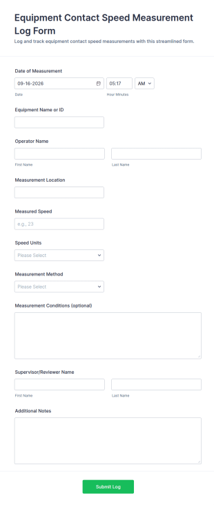 Equipment Contact Speed Measurement Log Form Template