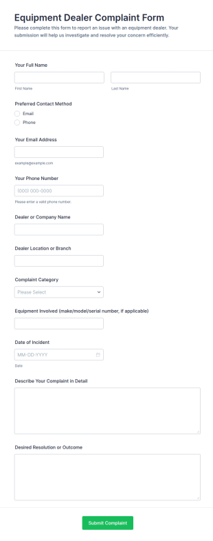 Equipment Dealer Complaint Form Template