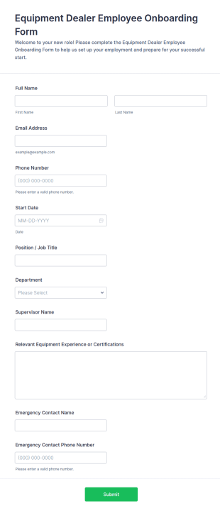 Equipment Dealer Employee Onboarding Form Template