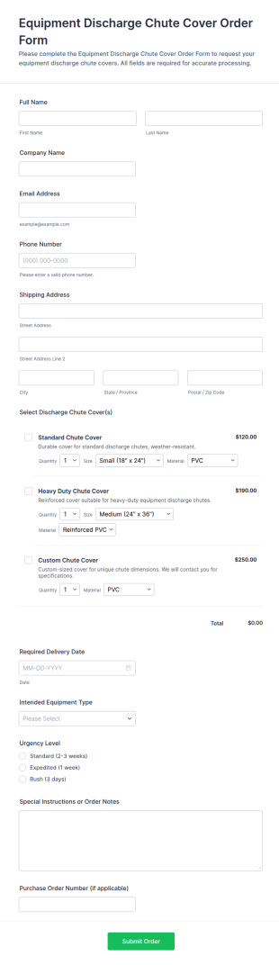 Equipment Discharge Chute Cover Order Form Template