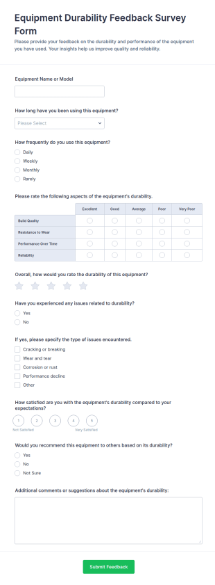 Equipment Durability Feedback Survey Form Template