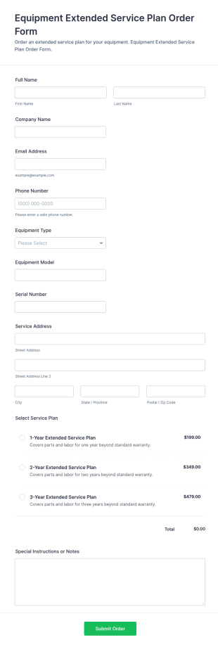 Equipment Extended Service Plan Order Form Template