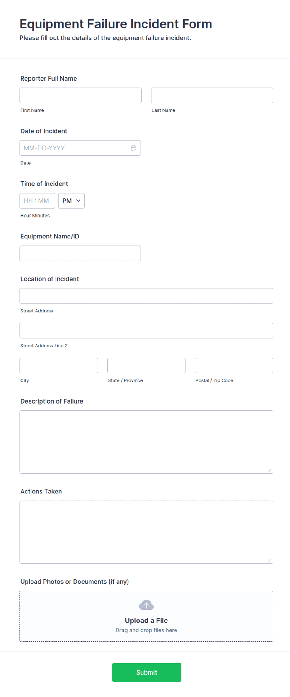 Printable Production Error Form Equipment Failure Incident Form Template | Jotform