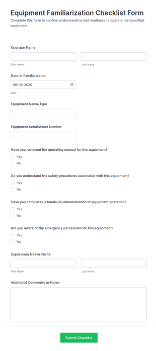 Equipment Familiarization Checklist Form Template
