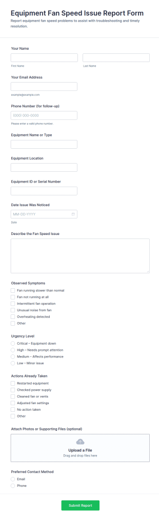 Equipment Fan Speed Issue Report Form Template