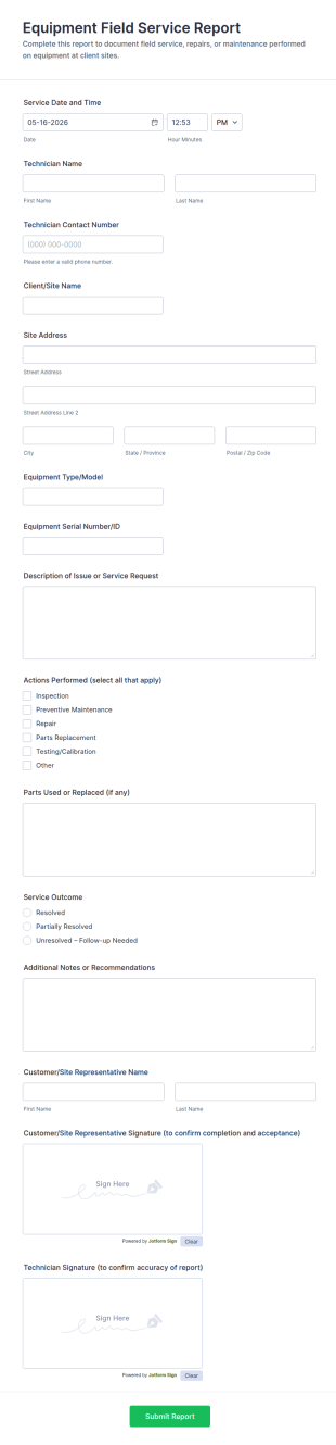 Equipment Field Service Report Form Template