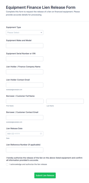 Equipment Finance Lien Release Form Template