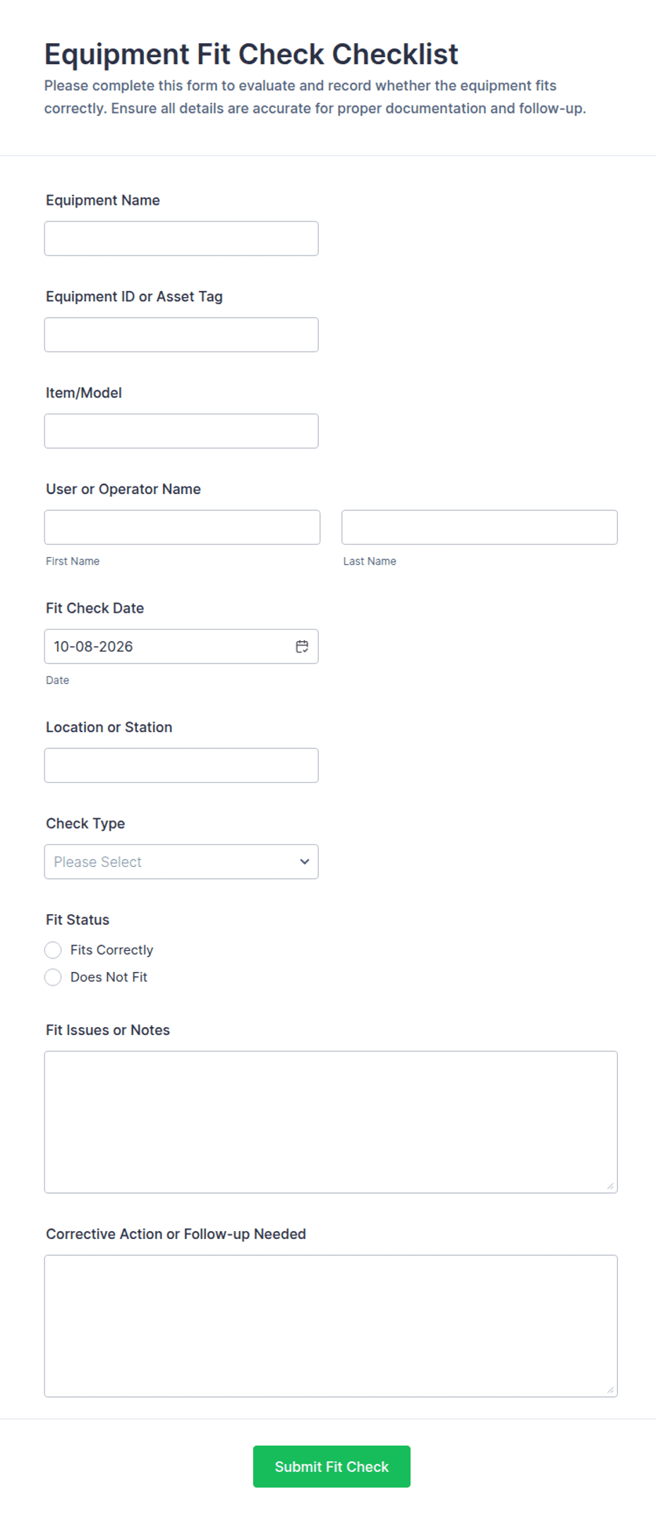 Excavator Machine Checklist.pdf Equipment Fit Check Checklist Form Template | Jotform