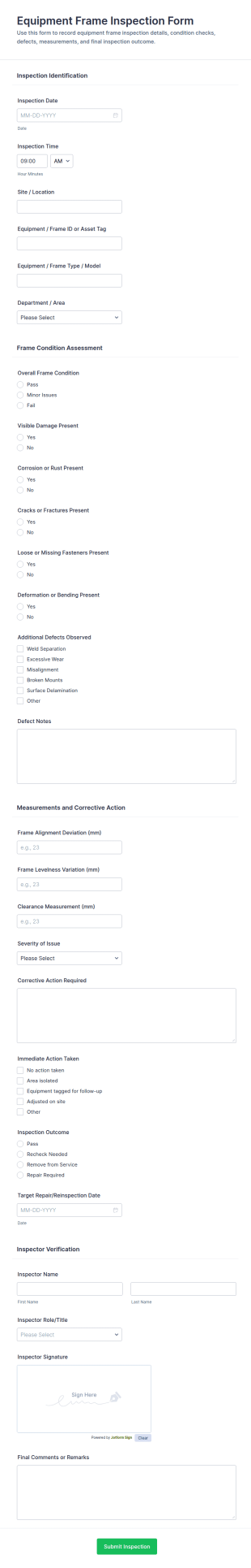 Equipment Frame Inspection Form Template
