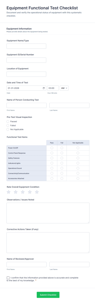 Equipment Functional Test Checklist Form Template