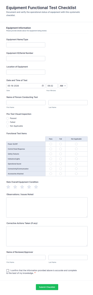 Equipment Functional Test Checklist Form Template
