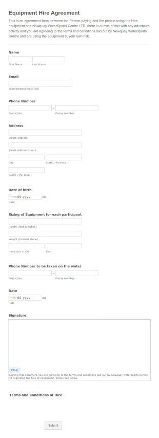 Watersports Equipment Hire Form Template
