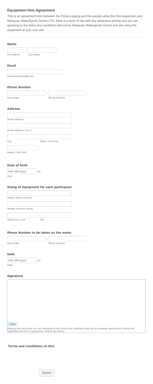 Watersports Equipment Hire Form Template