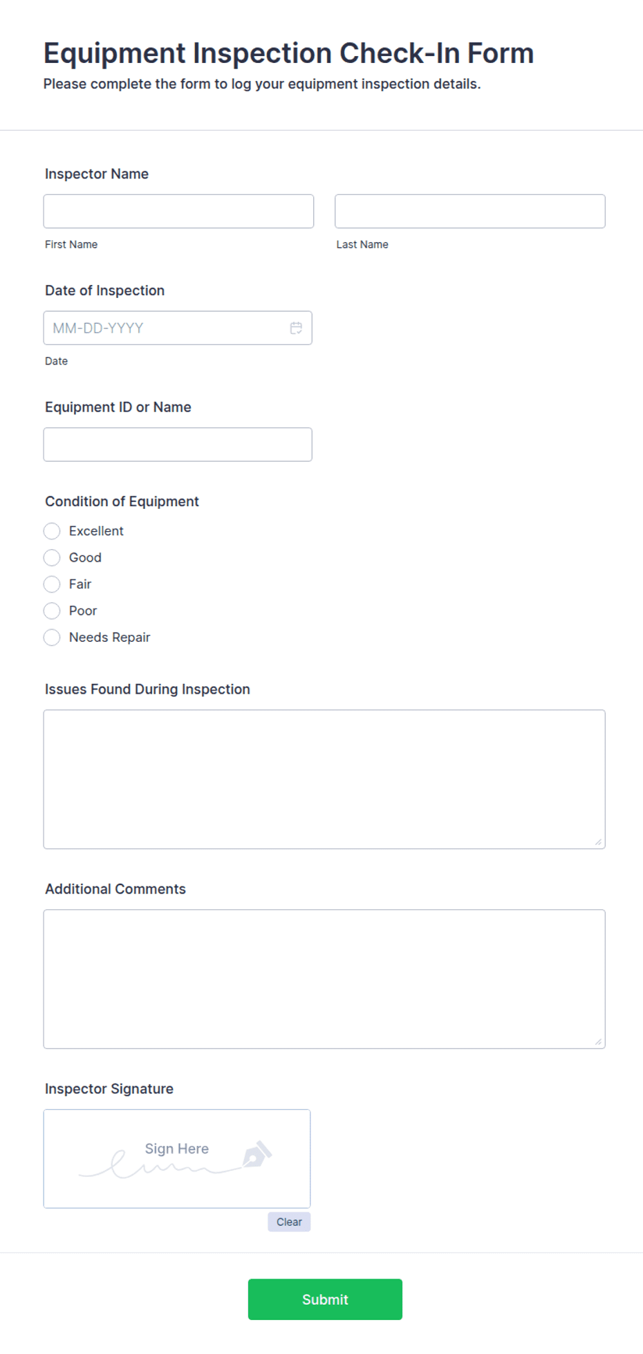 Equipment Inspection Check-In Form Template | Jotform