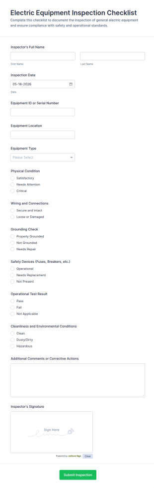 Equipment Inspection Checklist For General Electric Form Template