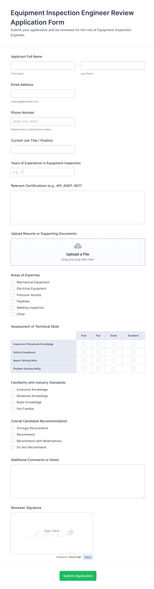 Equipment Inspection Engineer Review Application Form Template