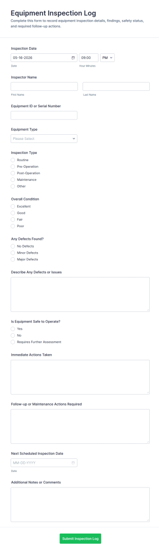 Equipment Inspection Log Form Template