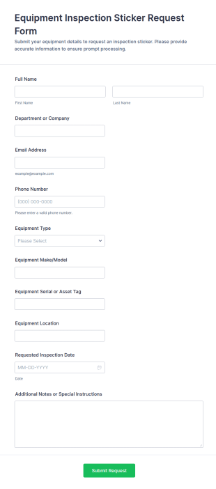 Equipment Inspection Sticker Request Form Template