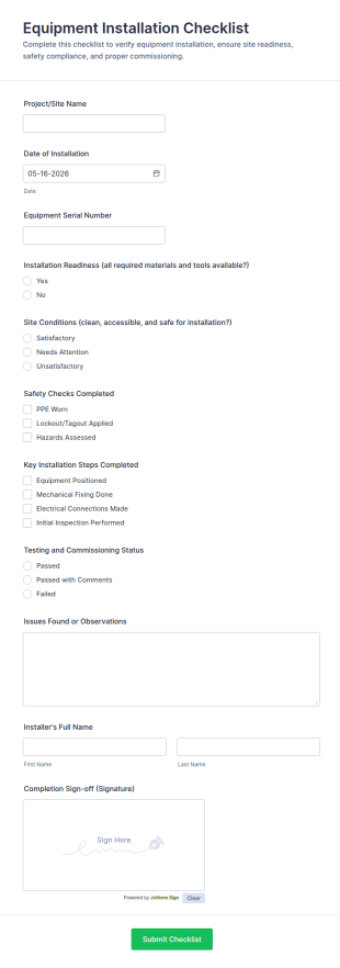 Equipment Installation Checklist Form Template