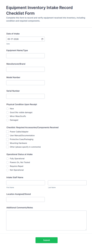 Equipment Inventory Intake Record Checklist Form Template
