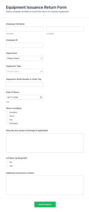 Equipment Issuance Return Form Template