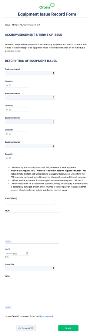 Equipment Issue Record Form Template