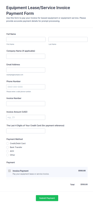 Equipment Lease/Service Invoice Payment Form Template
