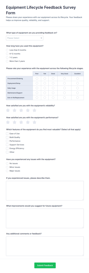 Equipment Lifecycle Feedback Survey Form Template