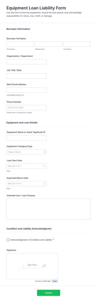 Equipment Loan Liability Form Template
