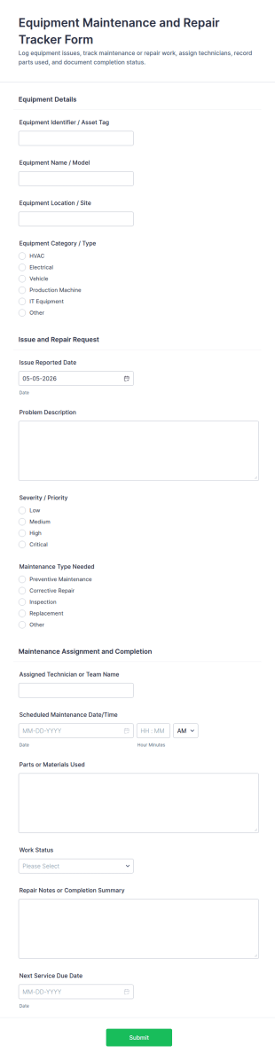 Equipment Maintenance And Repair Tracker Form Template