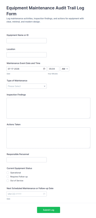Equipment Maintenance Audit Trail Log Form Template