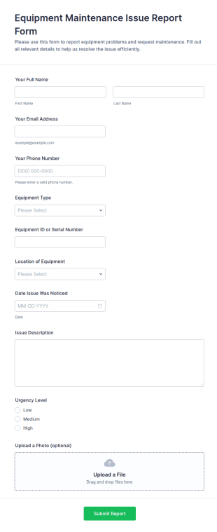 Equipment Maintenance Issue Report Form Template