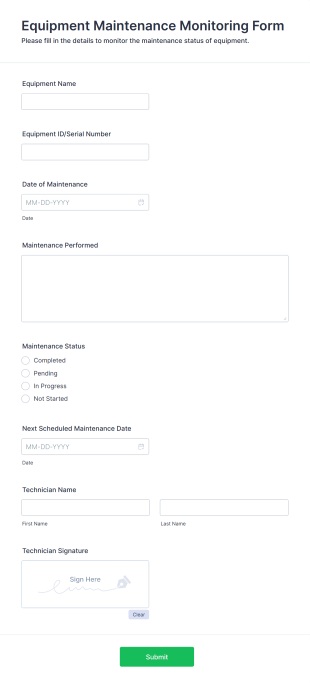 Equipment Maintenance Monitoring Form Template